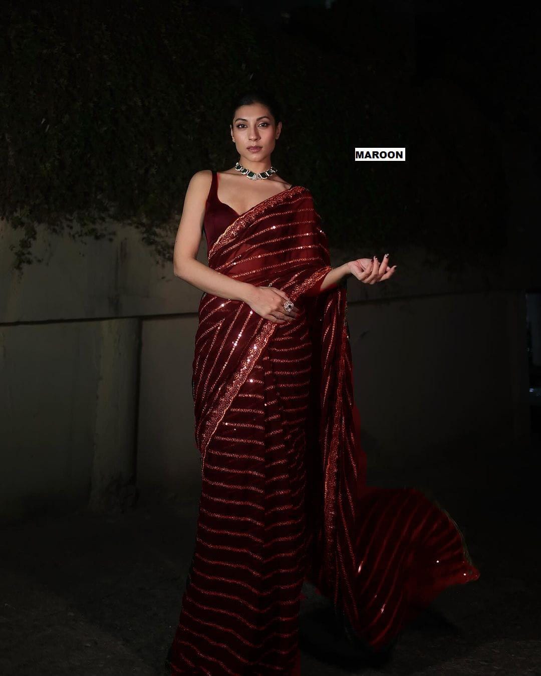 Black Sequined Work Georgette Saree with Detailed Border Ideal for Wedding Wear Pooja Wear Festive Occasions