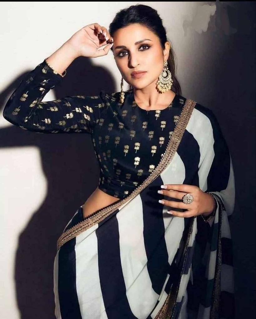Black White Georgette Saree with Embroidered Border for Bridal Wedding Pooja Ethnic Traditional Wear Lightweight Bollywood Saree for Women