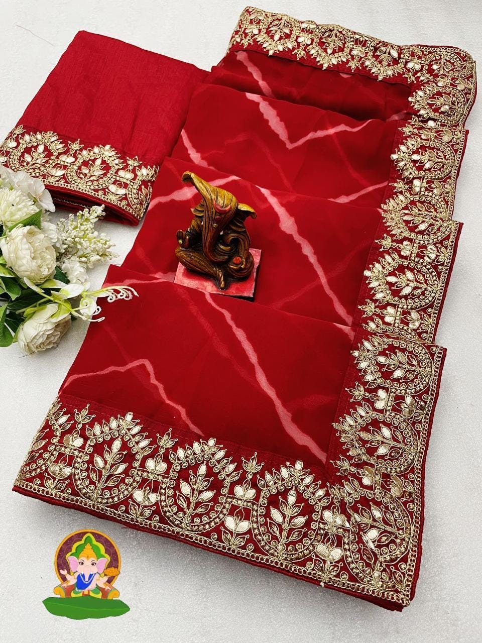 Bridal Perfection! Red Georgette Saree with Intricate Codding & Gota Patti Work - A Must-Have for Christmas Gift and Special Occasions