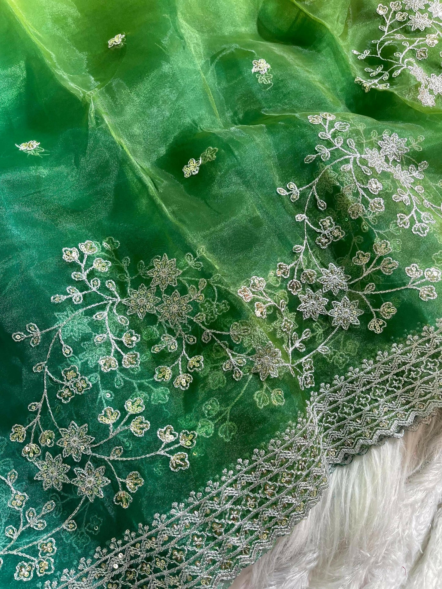 Organza Silk Saree with Prism Designs & Heavy Embroidery Border Party Wear Elegant Gift for Christmas Wedding Anniversary, Special Occasion