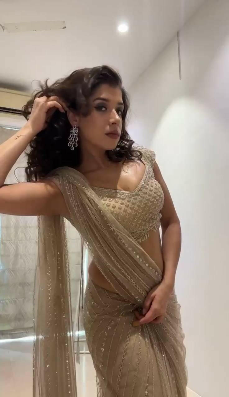 Beige Ready-to-Wear Soft Butterfly Net Saree with Sequins Embroidery Glamorous Party Wear Saree with Unstitched Blouse I Best Christmas Gift