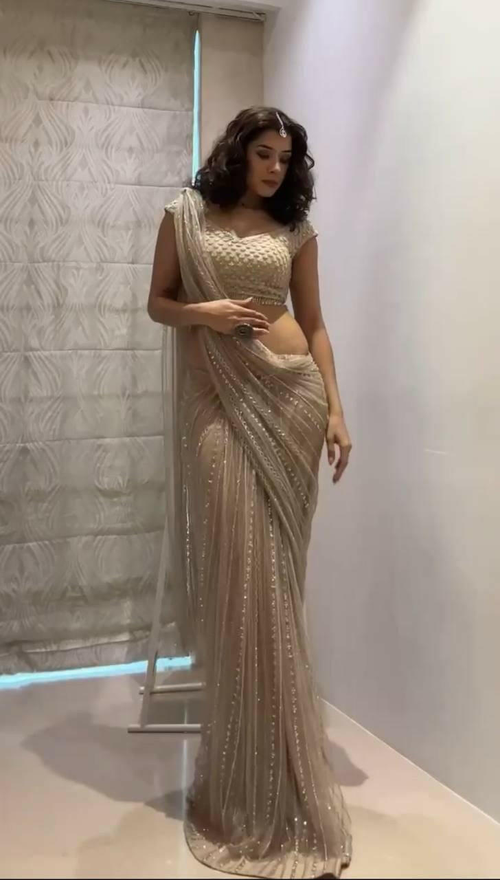 Beige Ready-to-Wear Soft Butterfly Net Saree with Sequins Embroidery Glamorous Party Wear Saree with Unstitched Blouse I Best Christmas Gift