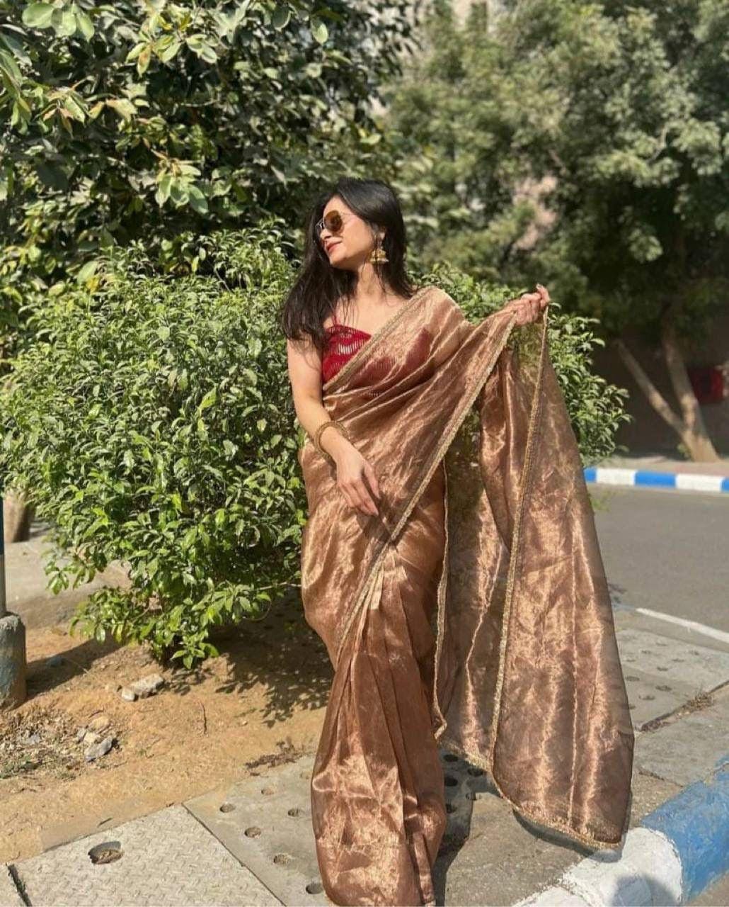 Designer Golden Saree in Heavy Tissue Silk with Fancy Velvet Maroon Blouse and Lace Details | Elegant Partywear Saree for Special Occasions