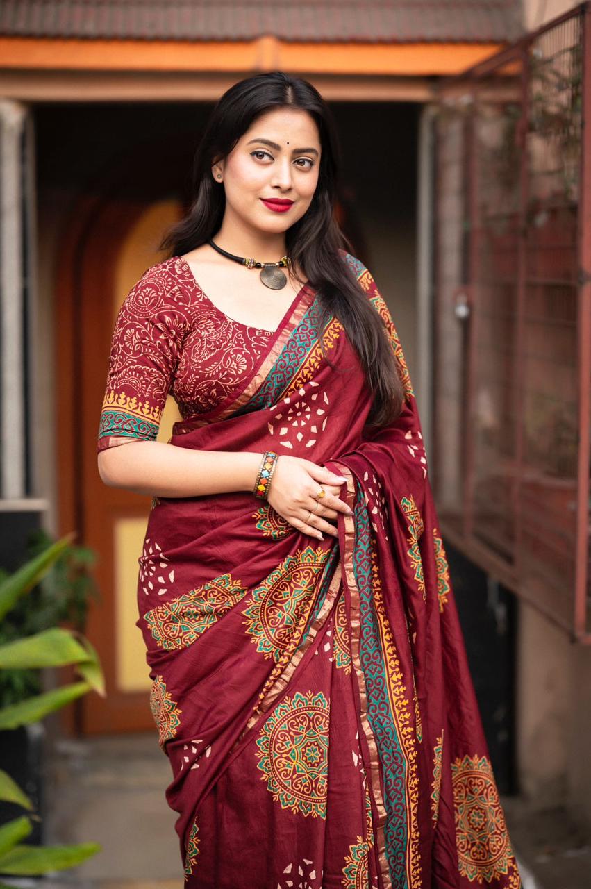 Maroon Pure Chanderi Cotton Saree with Zari Woven Pattu Border – Includes FREE Petticoat, Elegant & Traditional Wear