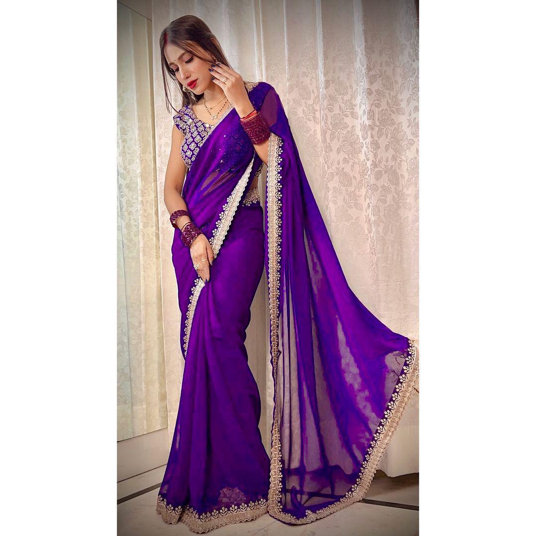 PURPLE Heavy Georgette Sari with SEQUENCE Work & CUT Work Border, Luxurious Drape for Special Occasions, Ideal Gift for Mom, Wife, Sister