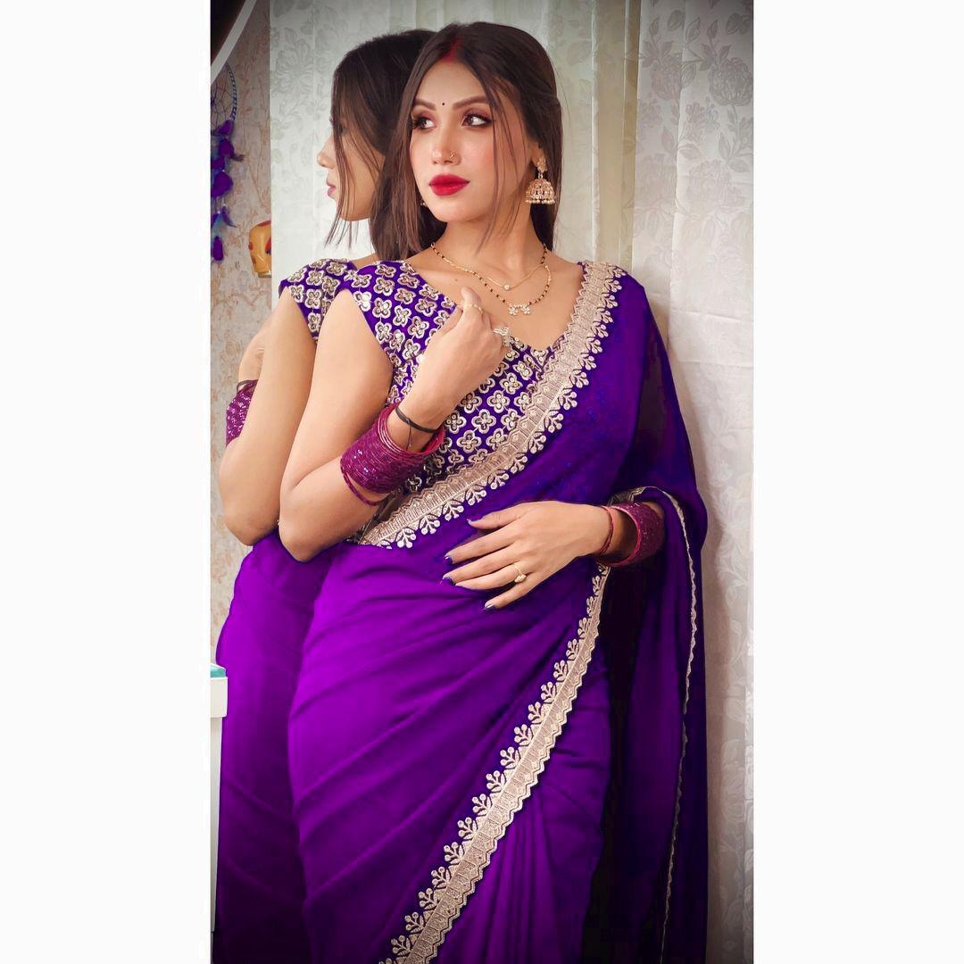 PURPLE Heavy Georgette Sari with SEQUENCE Work & CUT Work Border, Luxurious Drape for Special Occasions, Ideal Gift for Mom, Wife, Sister