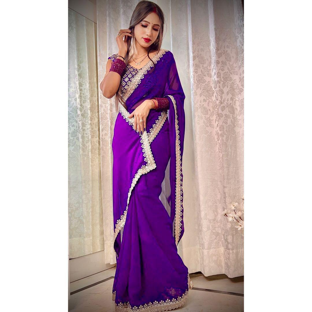 PURPLE Heavy Georgette Sari with SEQUENCE Work & CUT Work Border, Luxurious Drape for Special Occasions, Ideal Gift for Mom, Wife, Sister