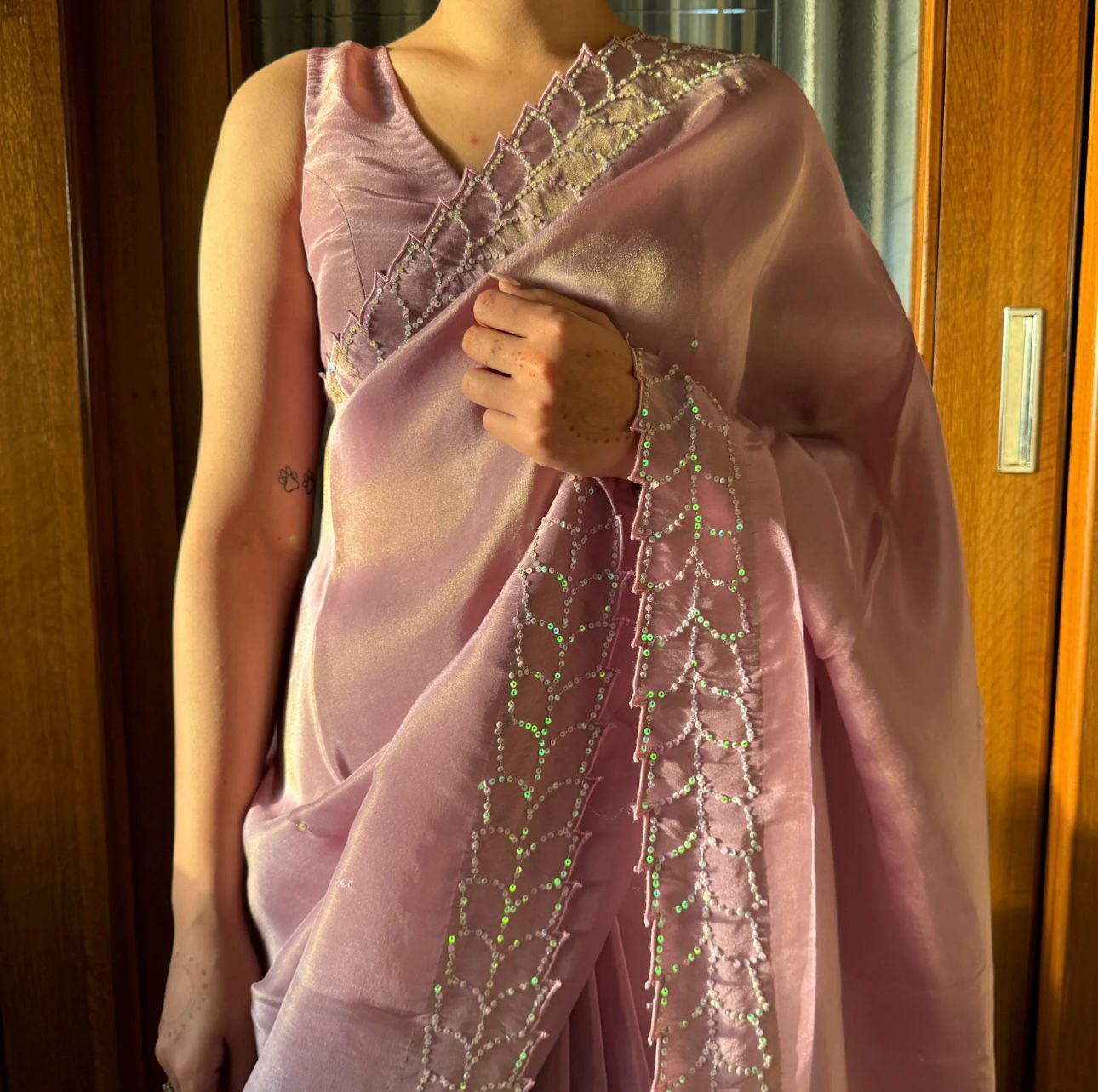 Light Pink Silk Saree with Intricate Rainbow Sequins, Matching Blouse, Perfect for Special Occasions and Celebration