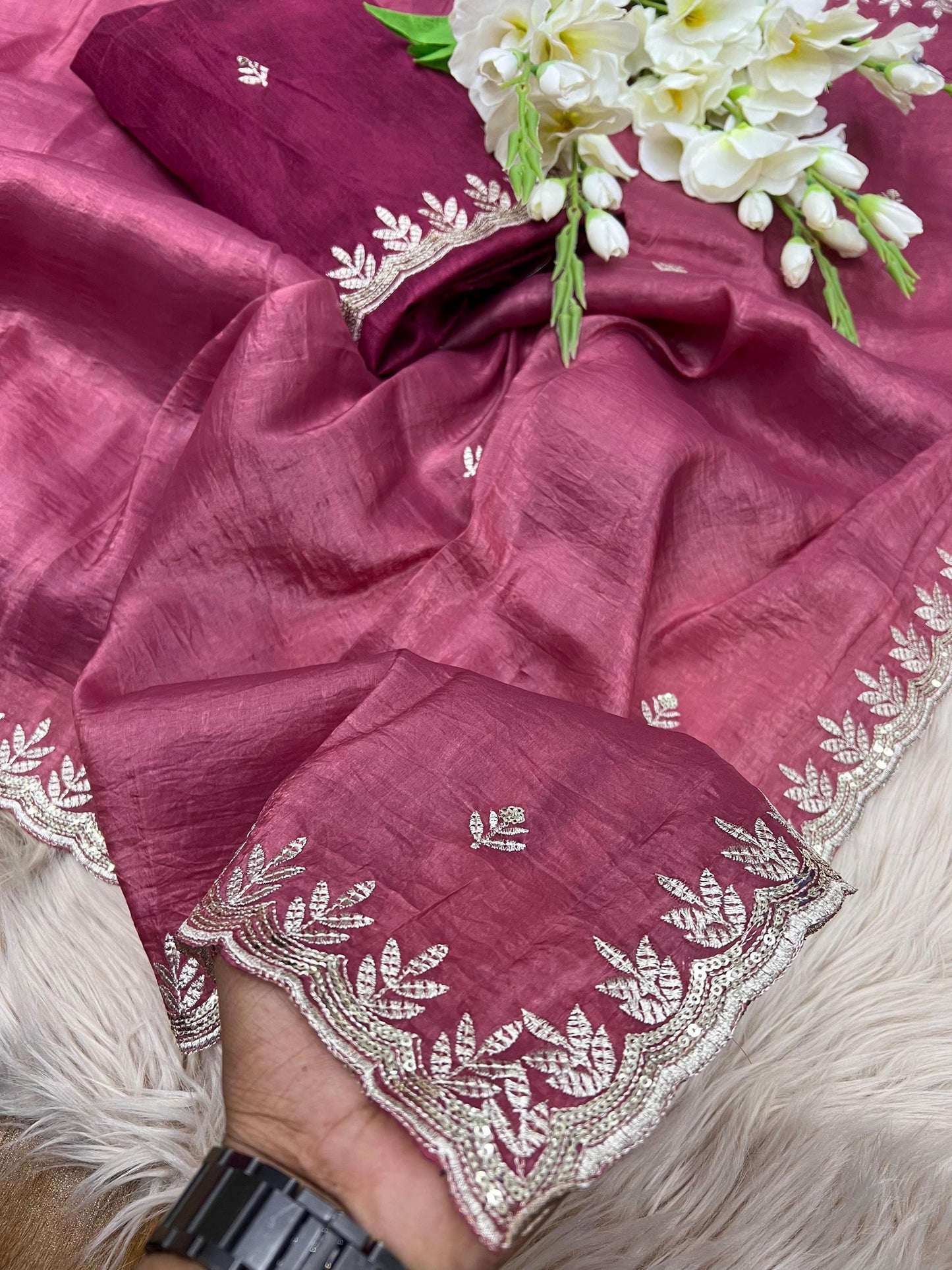 Pink Tissue Silk Saree with Gold Crush | Elegant Sequin & Thread Embroidery | Christmas Gift, Traditional Indian Wedding Bridal Wear