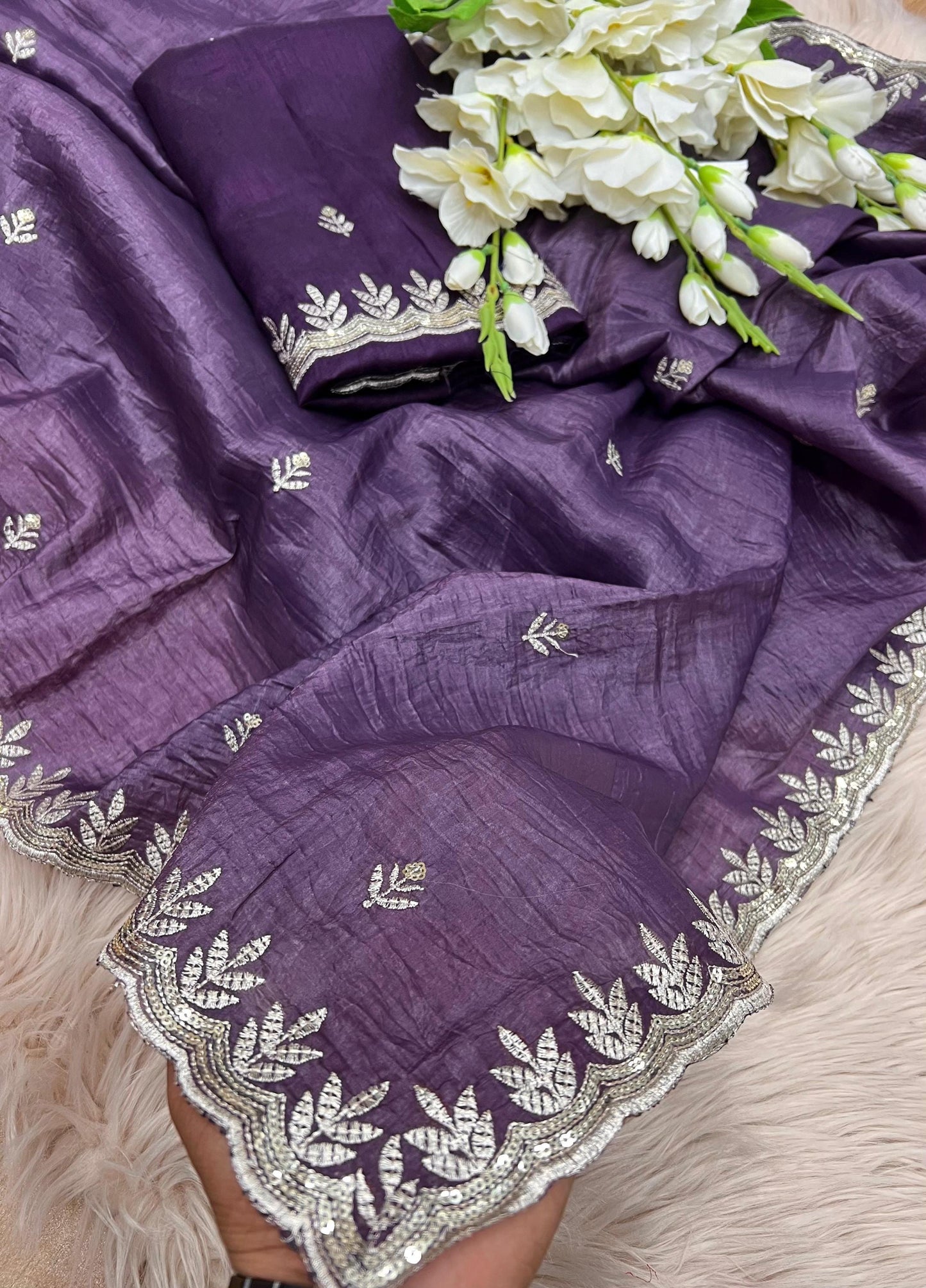 Pink Tissue Silk Saree with Gold Crush | Elegant Sequin & Thread Embroidery | Christmas Gift, Traditional Indian Wedding Bridal Wear