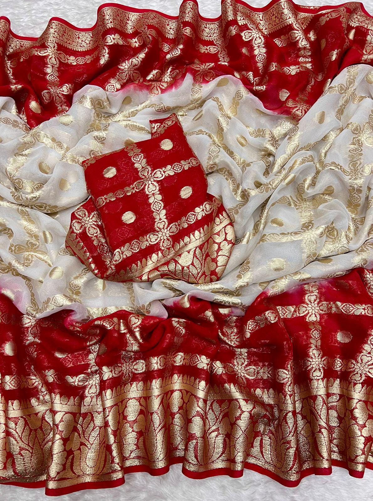 Red White Viscose Georgette Saree with Contrast Blouse and Free Petticoat Christmas Gift Festive Party Outfit Wedding Wear Designer Saree