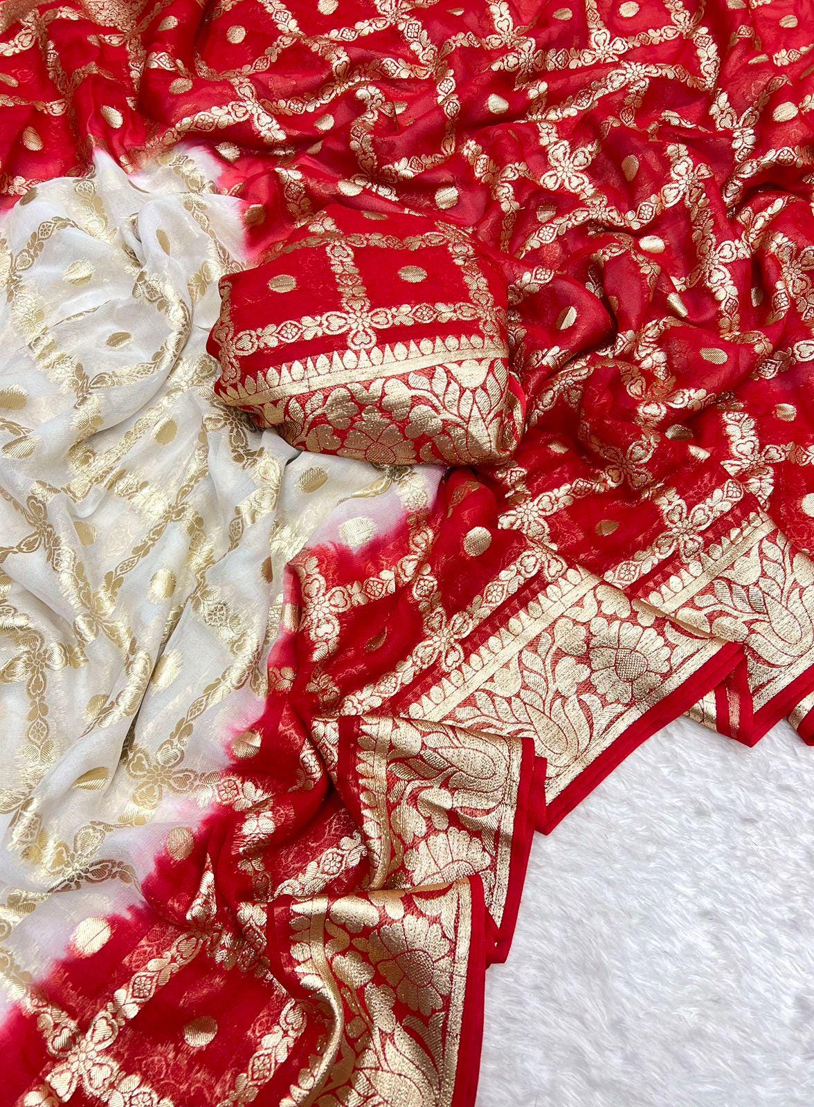 Red White Viscose Georgette Saree with Contrast Blouse and Free Petticoat Christmas Gift Festive Party Outfit Wedding Wear Designer Saree