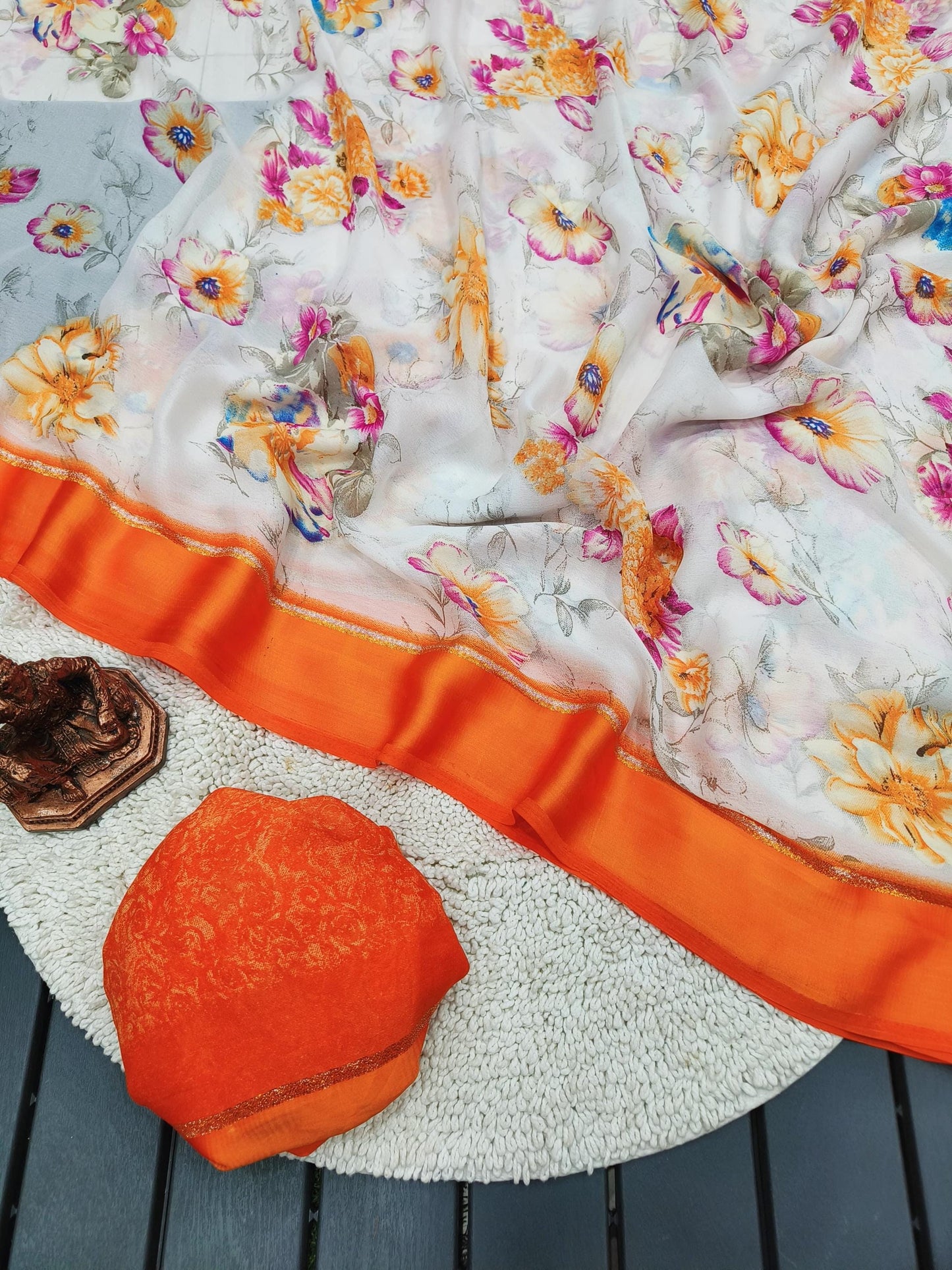 Elegant Moss Chiffon Saree with Floral Digital Print, Satin Border, –Perfect for Christmas Gift & Wedding, Festive Occasions