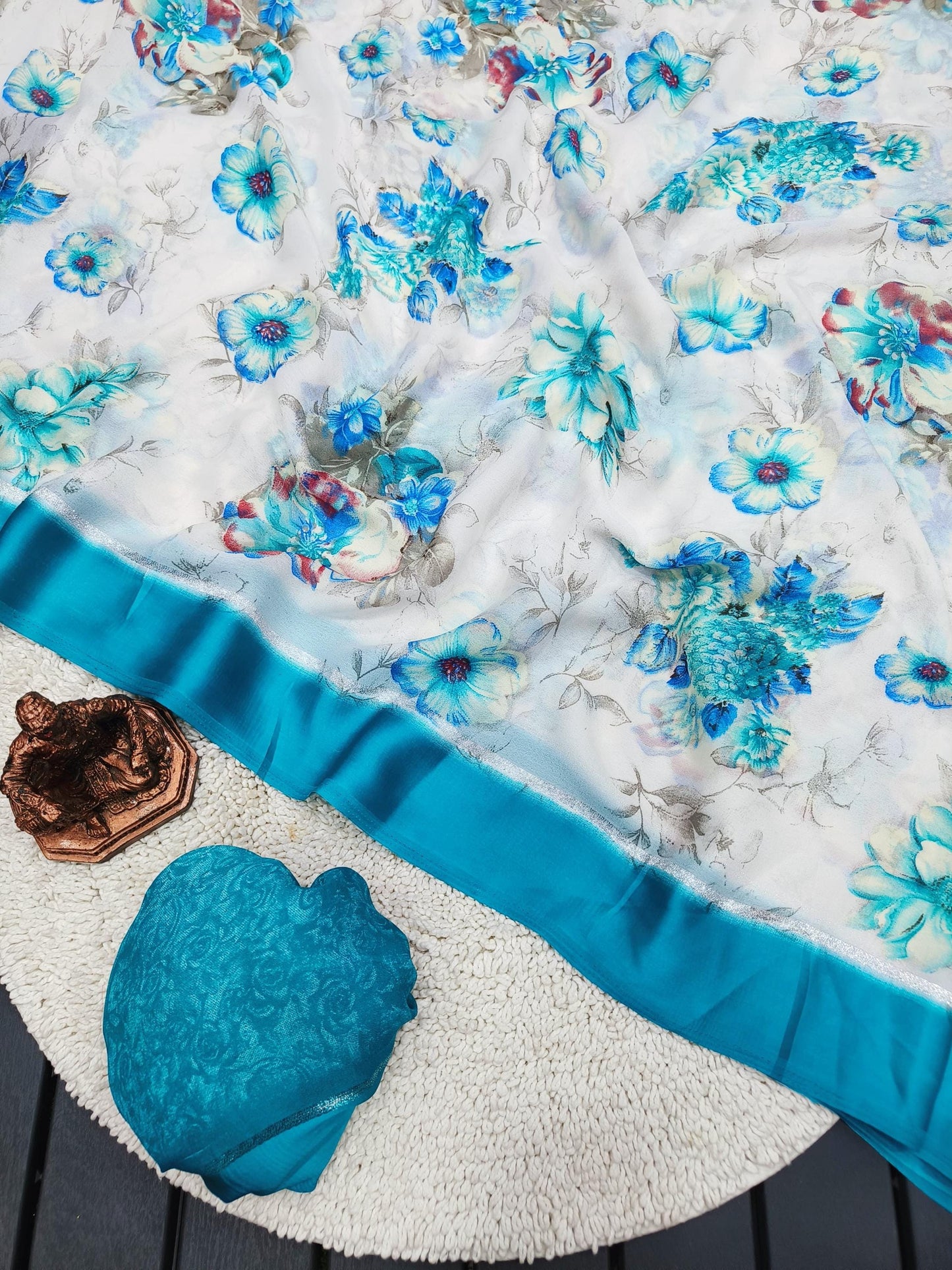 Elegant Moss Chiffon Saree with Floral Digital Print, Satin Border, –Perfect for Christmas Gift & Wedding, Festive Occasions