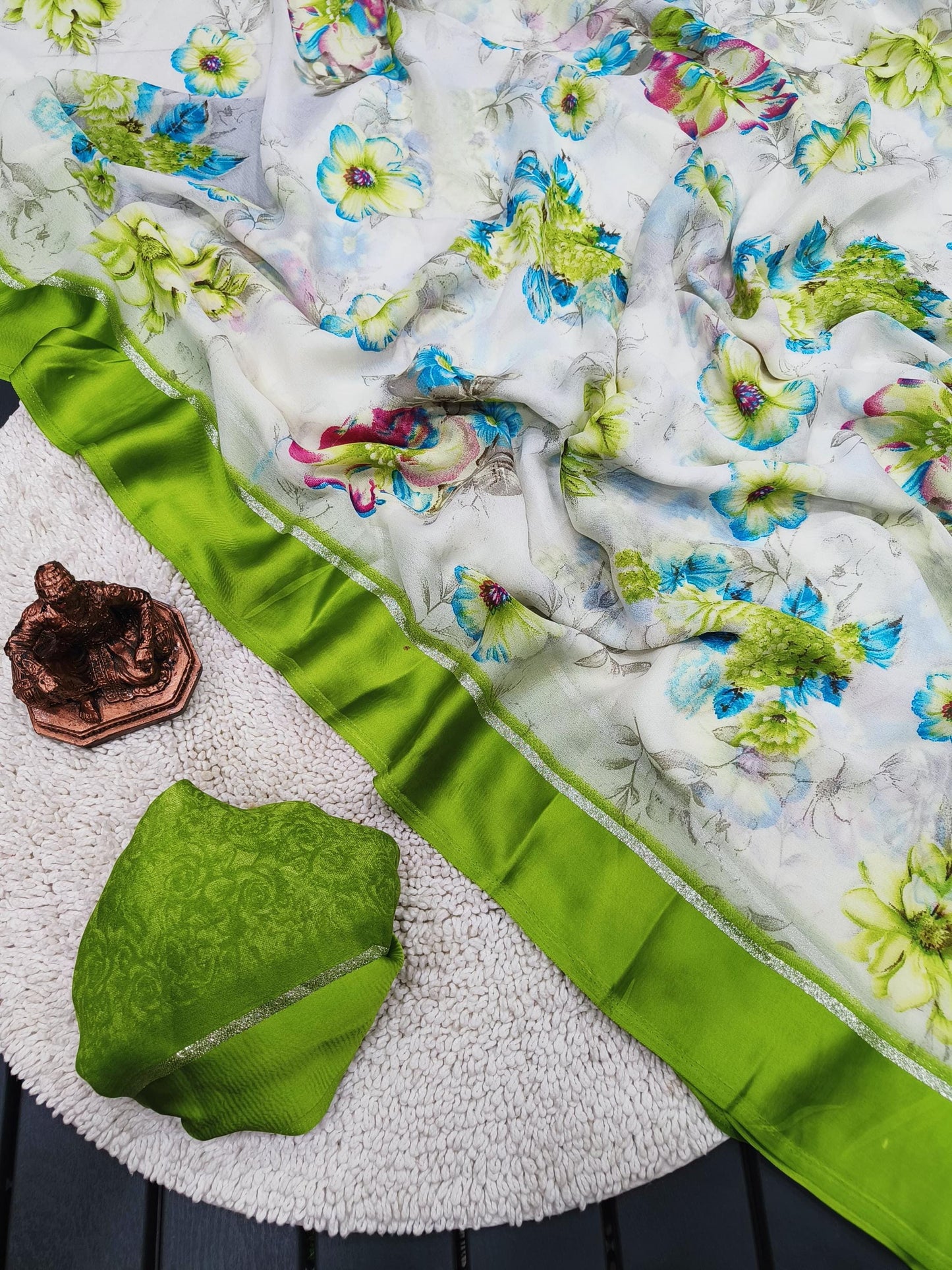 Elegant Moss Chiffon Saree with Floral Digital Print, Satin Border, –Perfect for Christmas Gift & Wedding, Festive Occasions