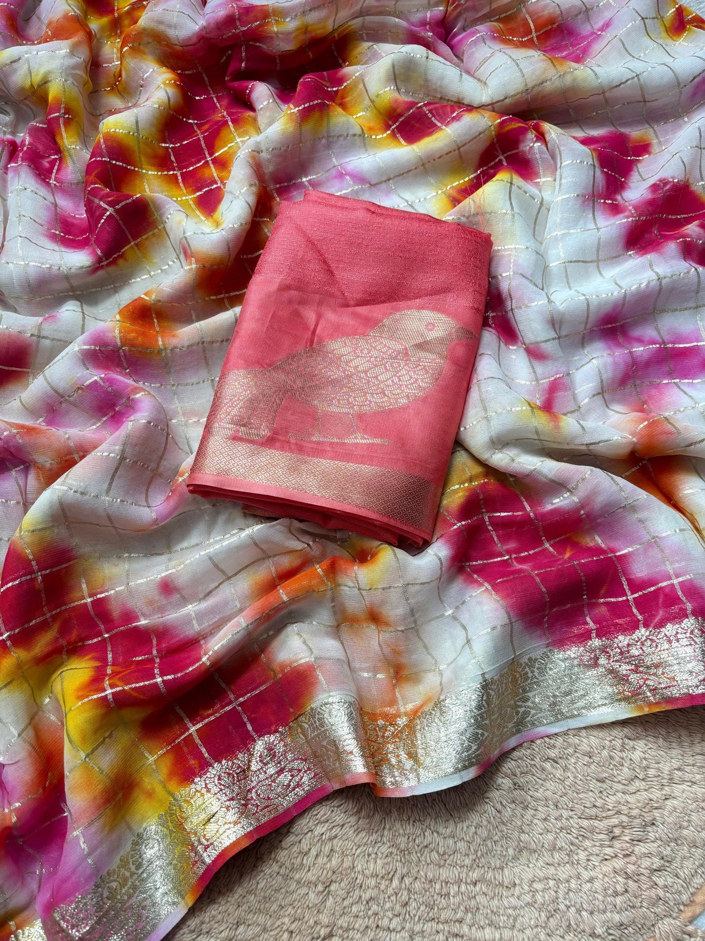 Pure Viscose Georgette Saree with Shibori Dye, Weaving Checks, Sparrow Khadi Silk Contrast Blouse – Elegant Unique Design for Christmas Gift