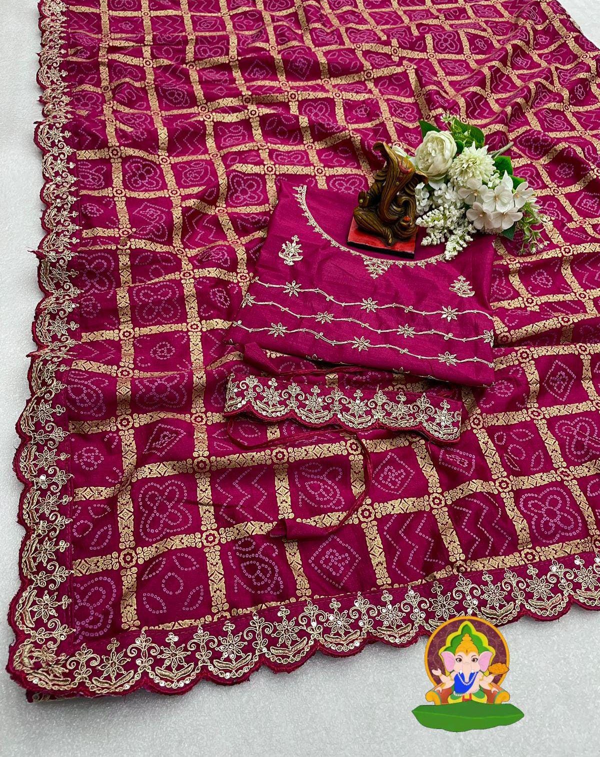 Purple Vichitra Fabric Sari with Khadi Print, Cut Work Embroidery Border & Belt, Blouse Traditional Indian Wedding Wear Saree Christmas Gift