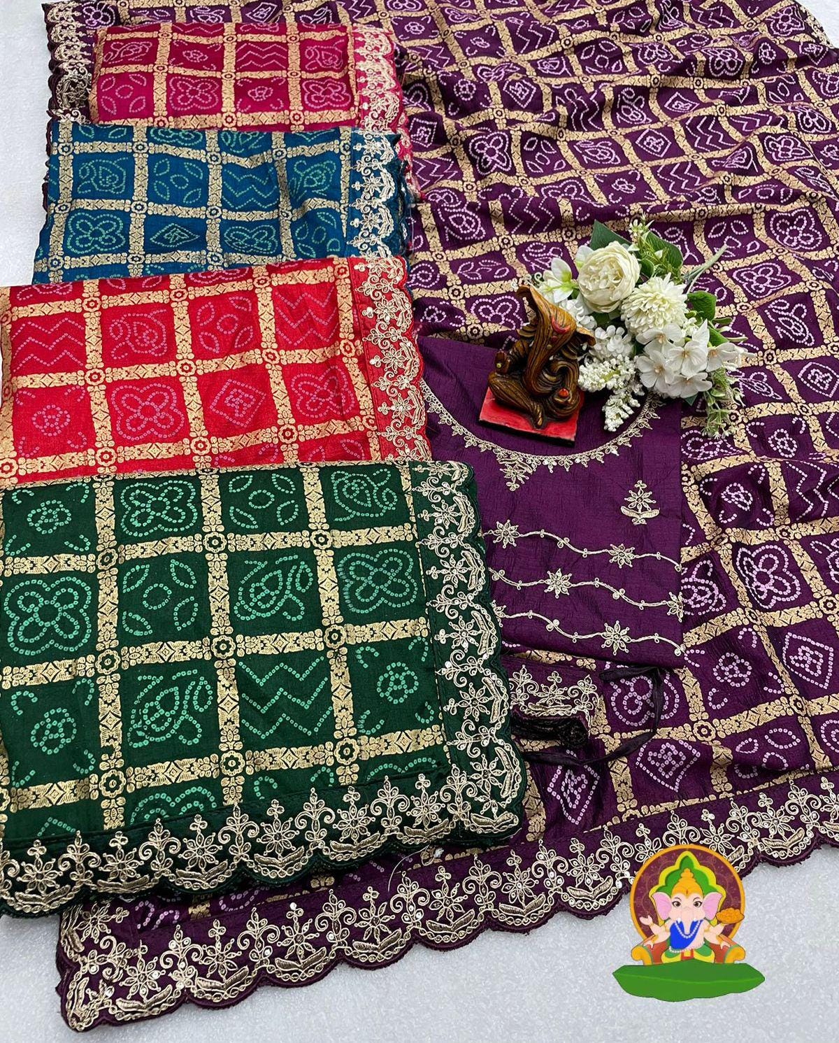 Purple Vichitra Fabric Sari with Khadi Print, Cut Work Embroidery Border & Belt, Blouse Traditional Indian Wedding Wear Saree Christmas Gift