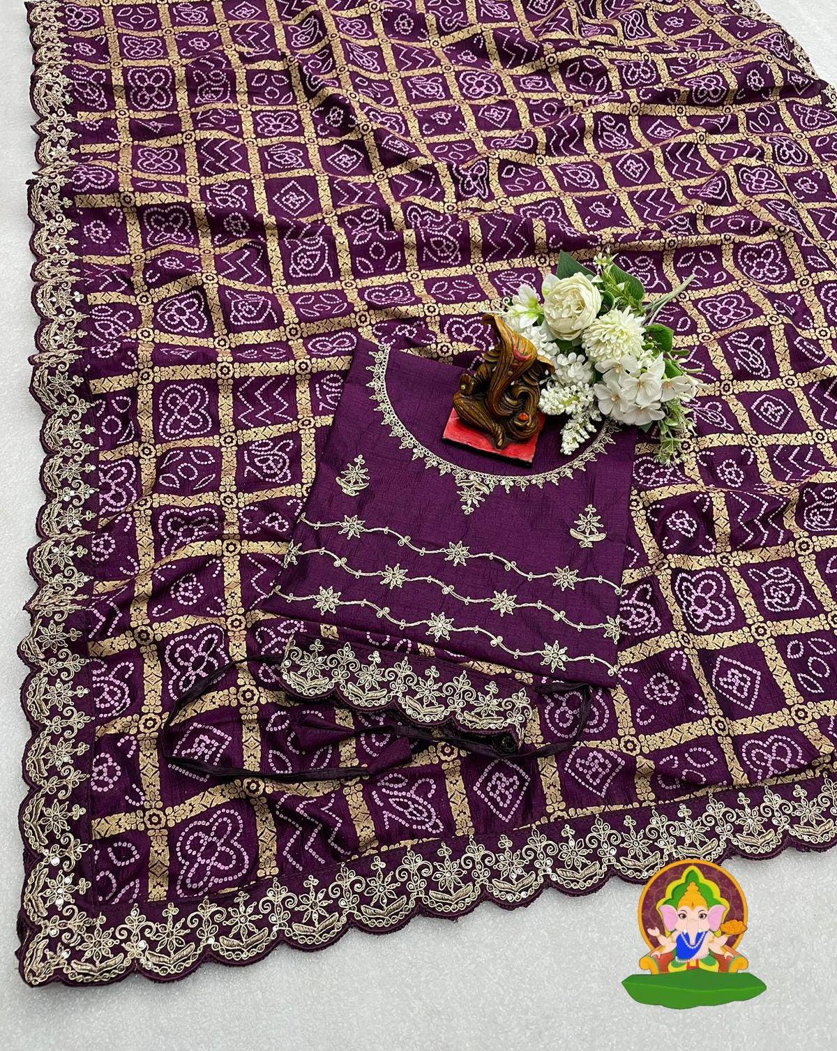 Purple Vichitra Fabric Sari with Khadi Print, Cut Work Embroidery Border & Belt, Blouse Traditional Indian Wedding Wear Saree Christmas Gift