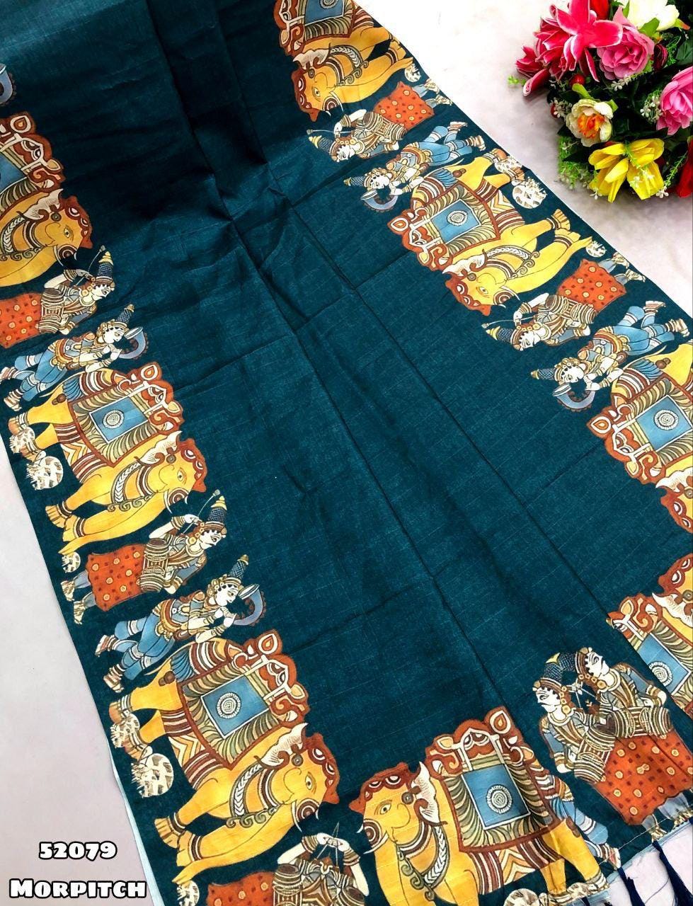 Black Tussar Silk Saree with Kalamkari Digital Print, Tassel Pallu, Printed Blouse Elegant Ethnic Wear for Wedding & Parties, Christmas Gift