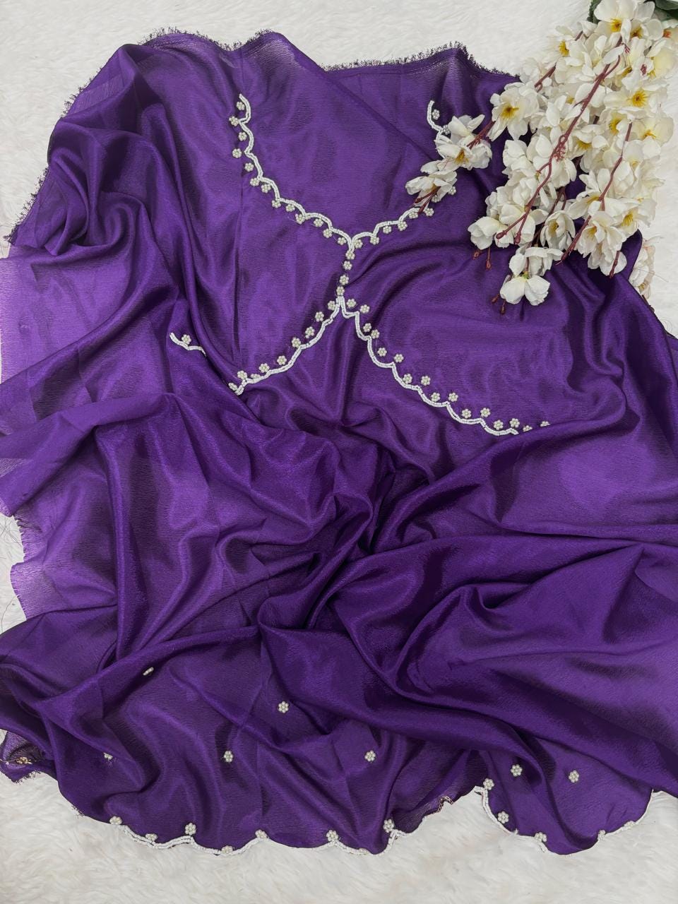 Purple Chinon Soft Saree with Bead and Stone Work, Sari for Women, Bollywood Style Sari for Special Occasion, Christmas Gift , New Year Gift