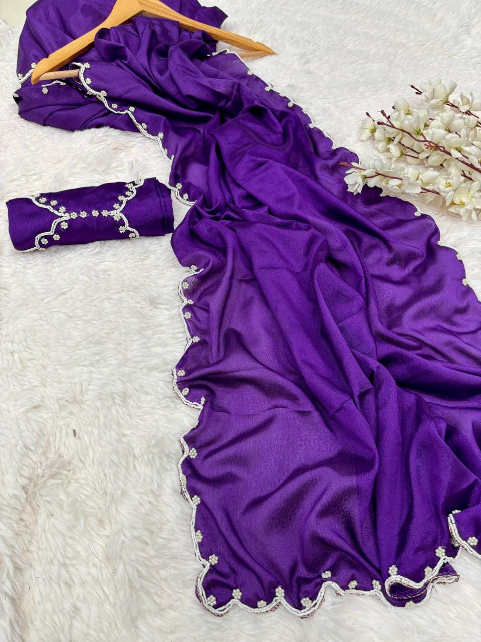 Purple Chinon Soft Saree with Bead and Stone Work, Sari for Women, Bollywood Style Sari for Special Occasion, Christmas Gift , New Year Gift