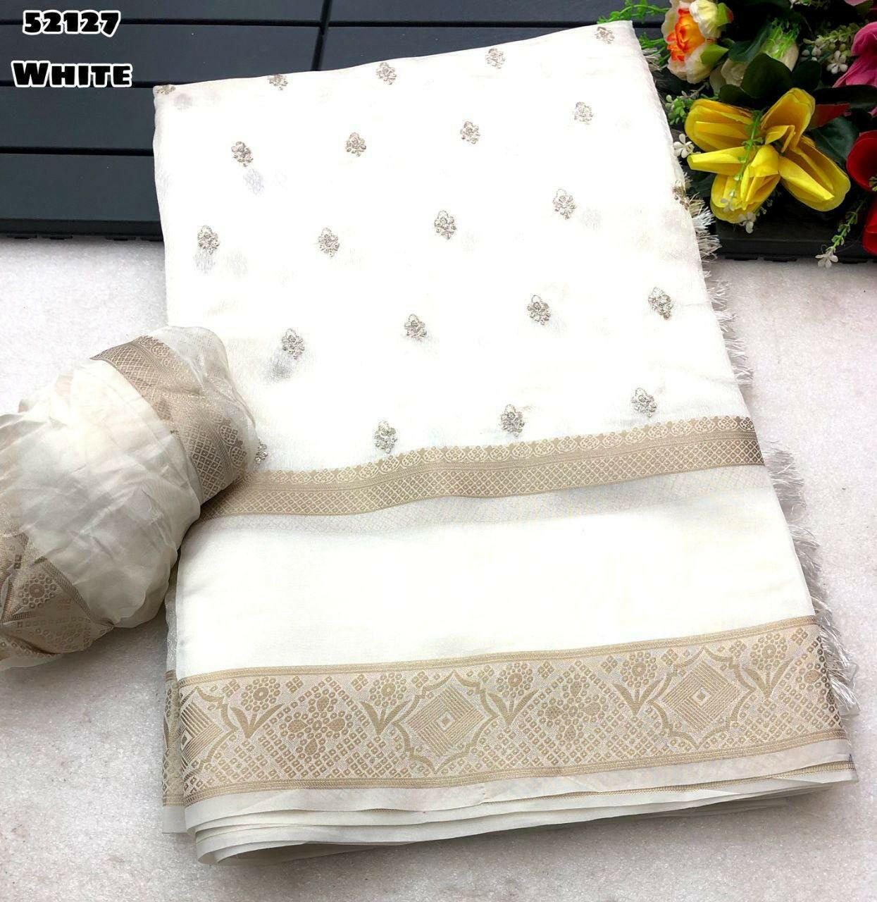 Soft Chanderi Silk Saree with Self Weaving, Gap Border, Embroidery & Sequin Butti Ethnic Wear for Wedding and Parties, Christmas Gift