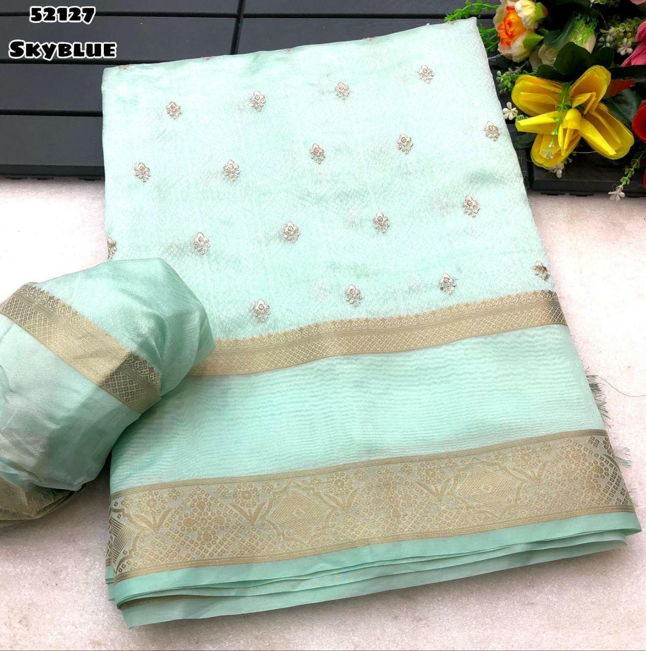 Soft Chanderi Silk Saree with Self Weaving, Gap Border, Embroidery & Sequin Butti Ethnic Wear for Wedding and Parties, Christmas Gift