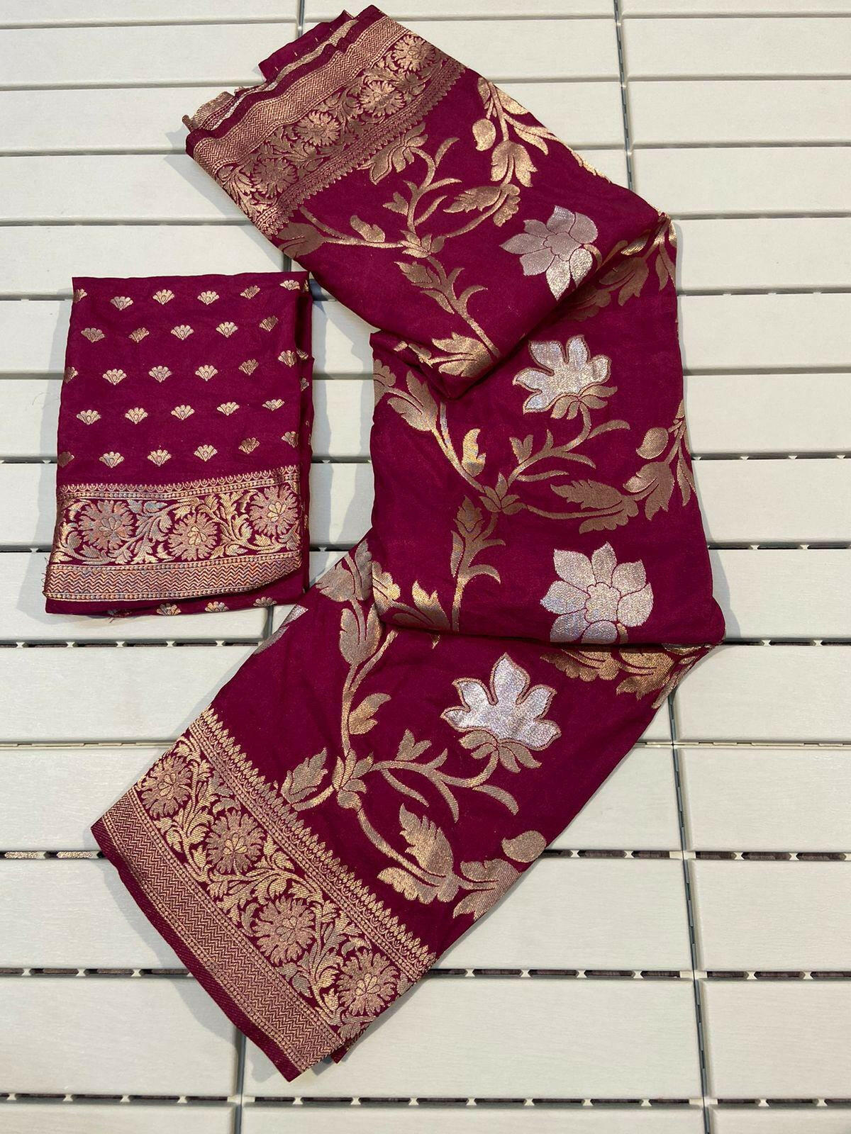 Pure Khadi Georgette Silk Saree with Zari Woven Pallu & Fancy Tassel, Gota Patti Work - A Must-Have for Christmas Gift and Special Occasion