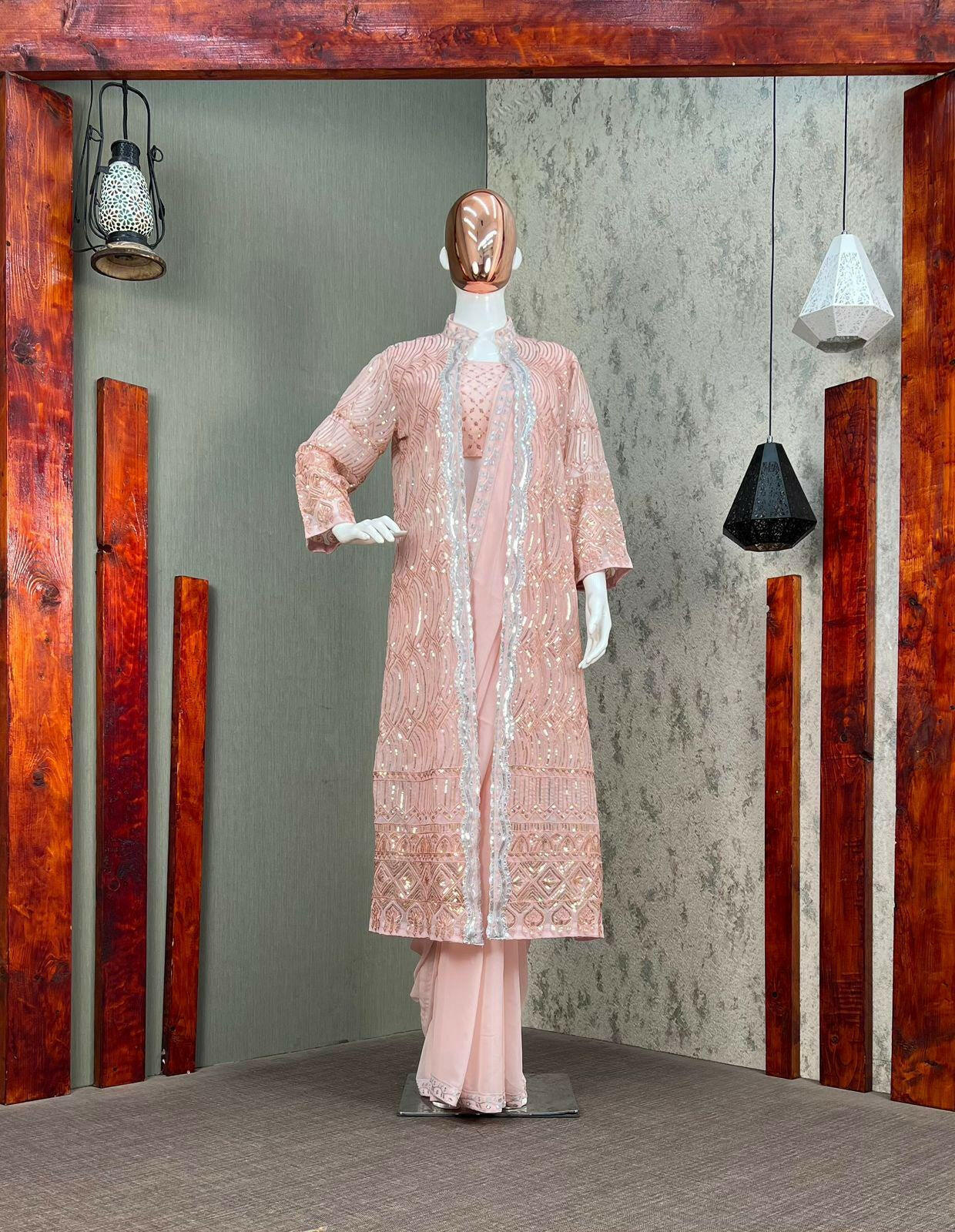 Peach Designer Lehenga Saree with Heavy Sequence Work | Georgette Saree with Embroidered Shrug & Unstitched Blouse | Best Christmas Gift