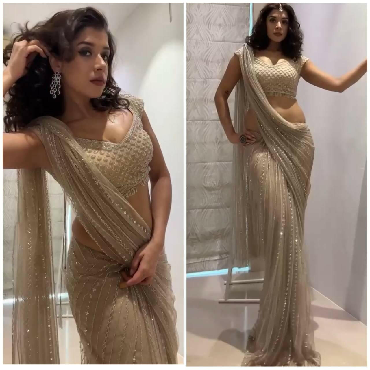 Beige Ready-to-Wear Soft Butterfly Net Saree with Sequins Embroidery Glamorous Party Wear Saree with Unstitched Blouse I Best Christmas Gift