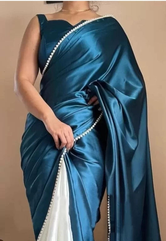 Beautiful Heavy Satin TEAL and white Dual Color Saree With Moti Lace Border Unstitched Blouse Piece with FREE Matching Petticoat