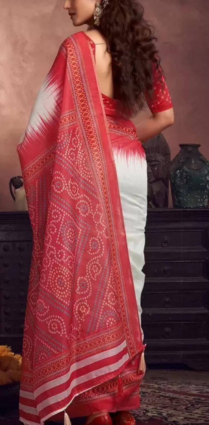 Silk Cotton Baluchari Saree, Red and white Baluchari saree, Solid saree with woven design border With Blouse piece and FREE Petticoat