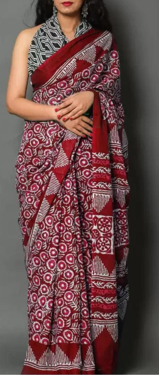 Ethnic Motifs Printed Pure Cotton Saree, Red and white saree, Saree with FREE Petticoat, The saree does not come with a blouse piece