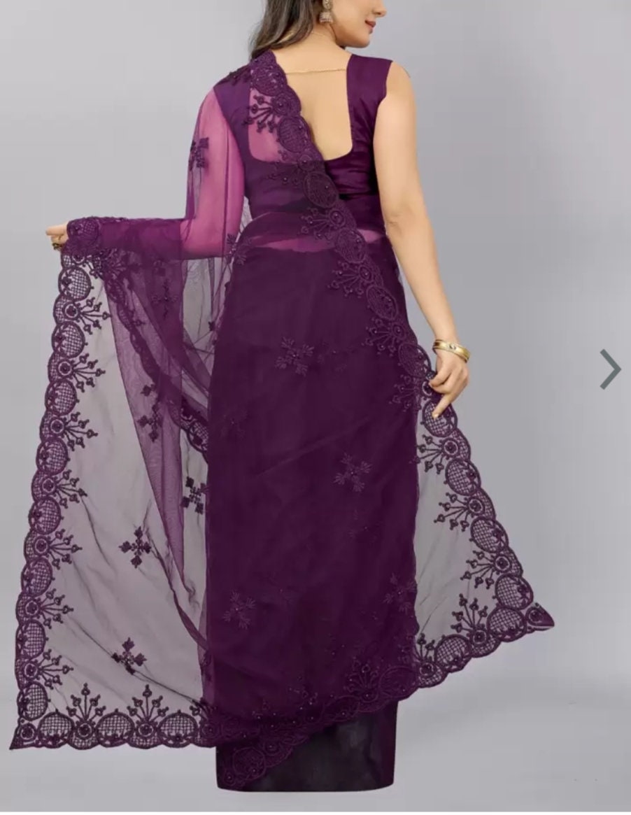 Ethnic Motifs Embroidered Net Saree, Purple Net Saree, Saree with FREE Matching Petticoat.