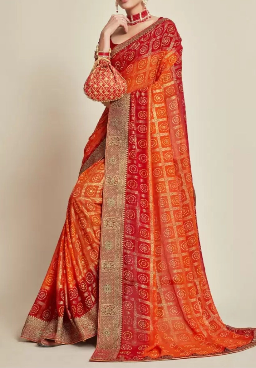 Orange Printed Zari Pure Georgette Bandhani Saree, Printed saree with woven design border Saree With FREE Matching Petticoat