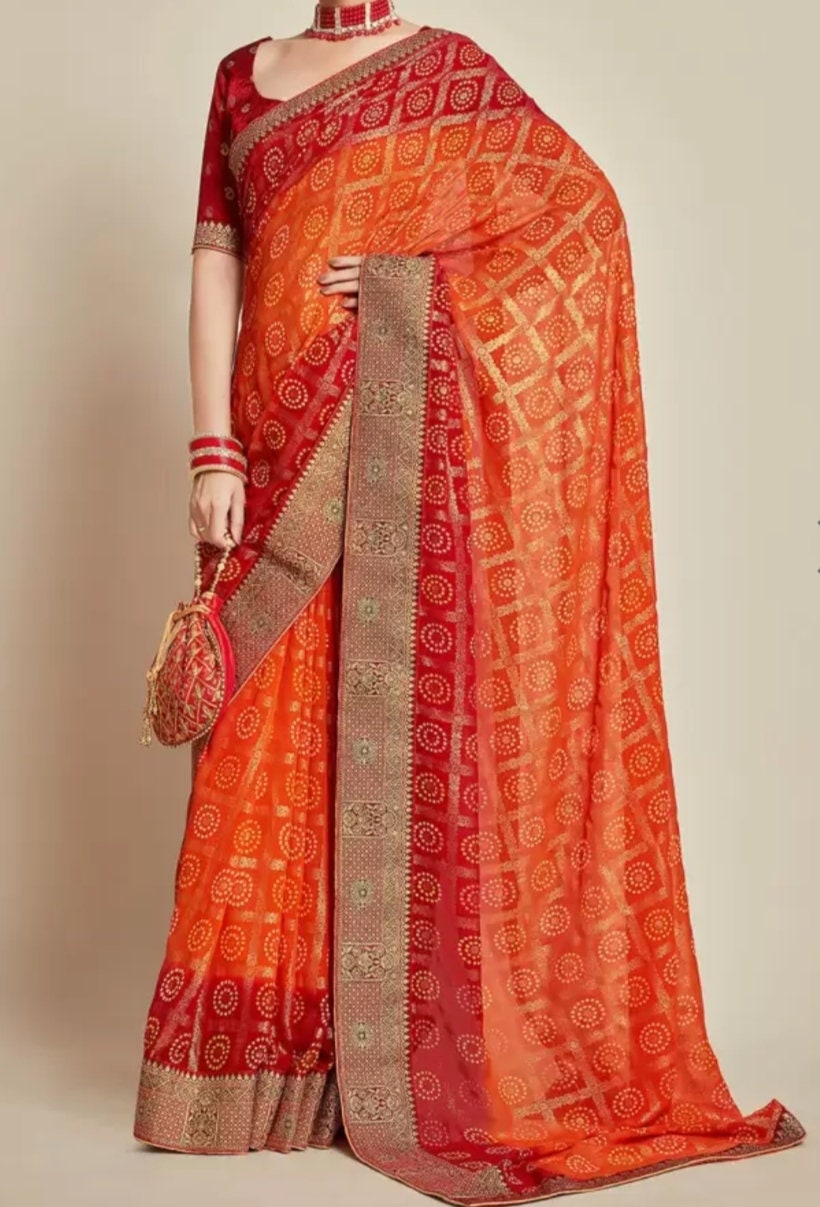 Orange Printed Zari Pure Georgette Bandhani Saree, Printed saree with woven design border Saree With FREE Matching Petticoat