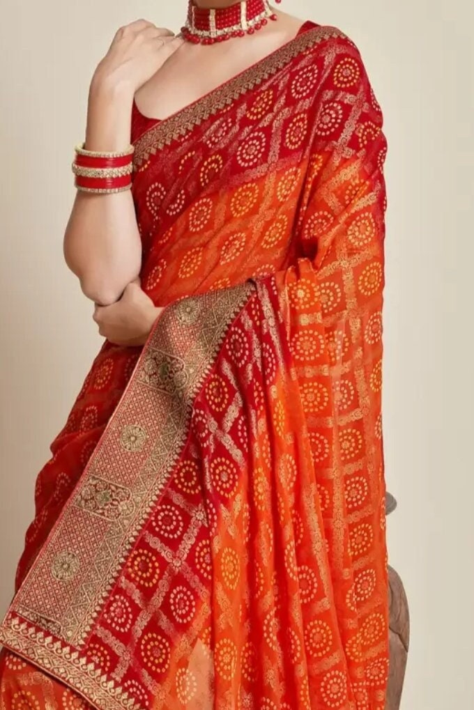 Orange Printed Zari Pure Georgette Bandhani Saree, Printed saree with woven design border Saree With FREE Matching Petticoat