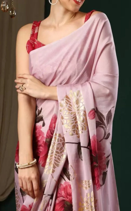Floral Printed Pure Georgette Saree, Mauve Red and Gold-Toned saree ,Floral printed saree with no border, Saree With FREE Petticoat