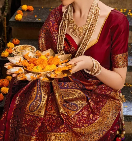 Woven Design Zari Patola Saree, Brown and Blue Patola Saree, Woven design saree with woven design border, Saree With FREE Matching Petticoat