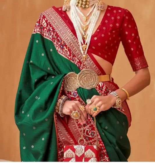 Green & Red Ethnic Motifs Woven Design Silk Blend Patola Saree, Green and red,blue patola saree, Saree With FREE Matching Petticoat