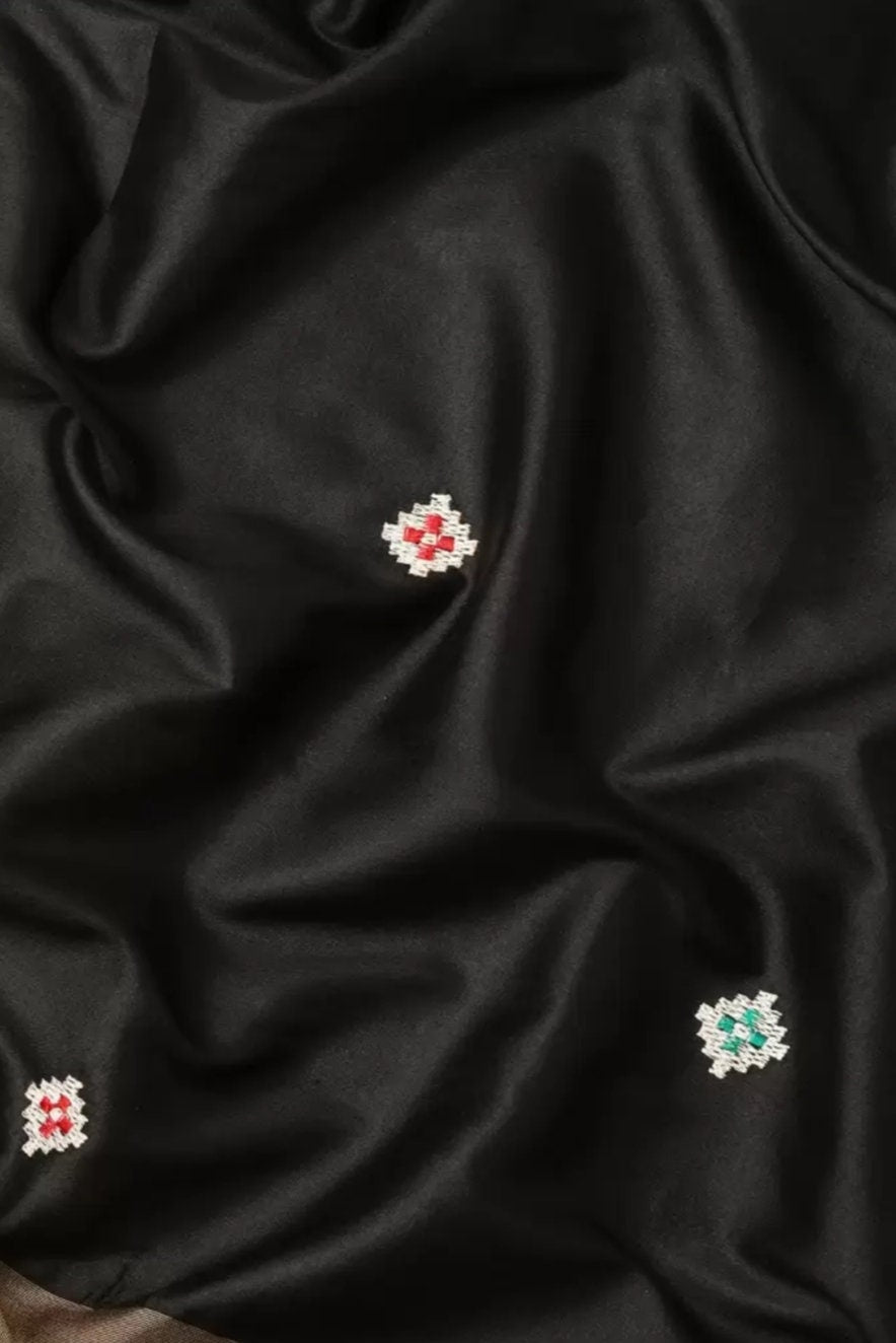 Silk Cotton Woven Design Embroidered Patola Saree With Blouse Piece, Black and Mustard Patola saree, Saree With FREE Matching Petticoat