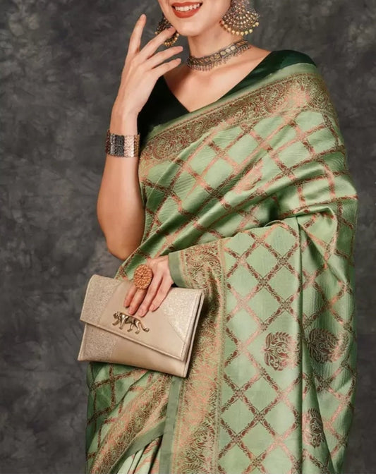 Woven Design Zari Silk Blend Designer Banarasi Saree, Lime green banarasi saree, Saree With FREE Matching Petticoat
