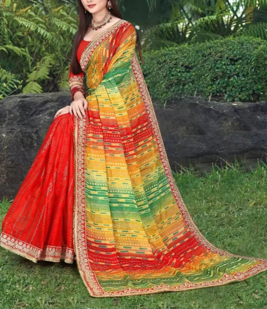 Bandhani Embroidered Bandhani Saree, Red and green bandhani saree, Bandhani printed saree with embroidered border, FREE Matching Petticoat
