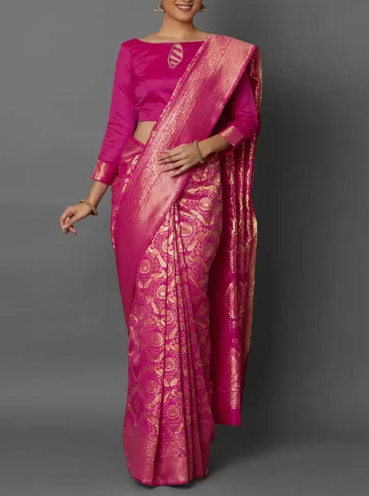 Pink & Gold-Toned Silk Blend Woven Design Kanjeevaram Saree, Saree With FREE Matching Petticoat
