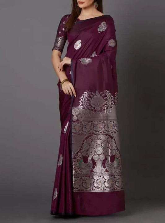 Purple & Silver-Toned Silk Blend Woven Design Kanjeevaram Saree, Saree With FREE Matching Petticoat