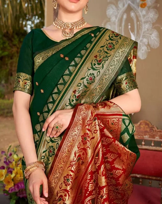 Green Red Woven Design Zari Art Silk Chanderi Sari Elegant Bridal Indian Festive Saree Silk Blend Banarasi Style Saree Woven Border Gift Set