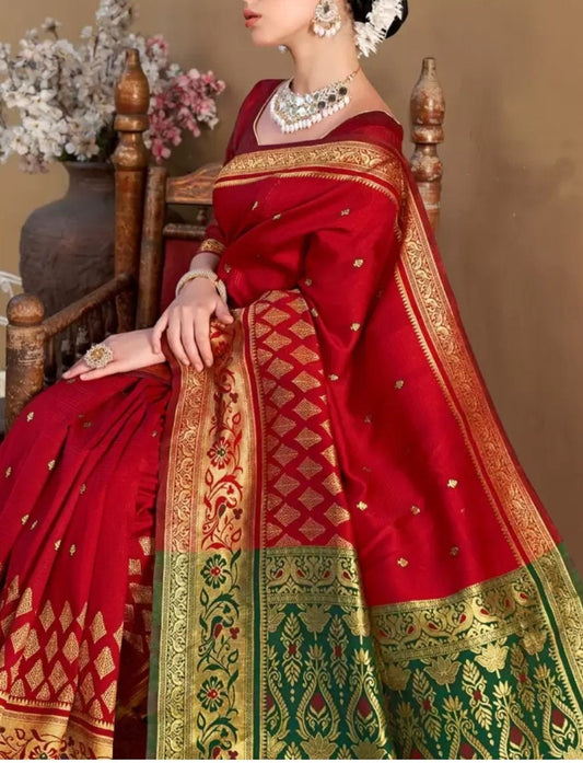 Red Green Ethnic Motifs Woven Design Zari Chanderi Sari Elegant Bridal Party Wear Saree for Indian Festivals Banarasi Sari Gift Set for Puja