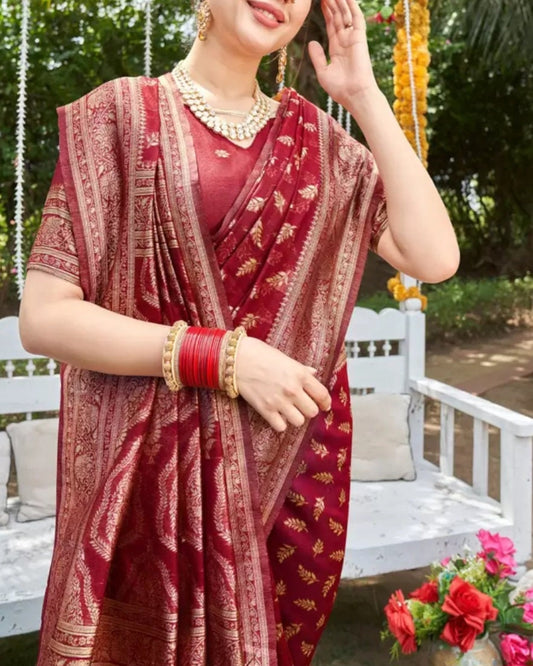 Red Gold Ethnic Motifs Woven Design Zari Detailed Pure Cotton Chanderi Saree for Bridal Puja Elegant Indian Festive Banarasi Style Gift Set