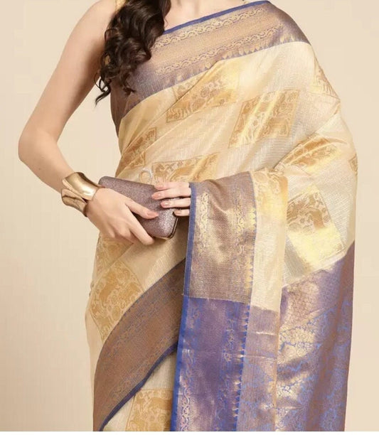 Beige Gold Ethnic Motifs Zari Jute Silk Tussar Saree Perfect for Designer Ethnic Wedding Partywear Handloom Boutique Festive Bridal Occasion